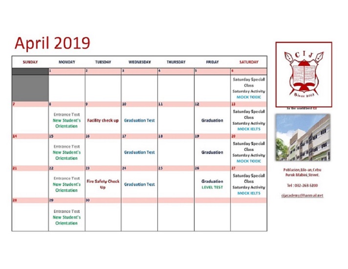 [Announcement] April Calendar Schedule 2019 in Sparta Campus | CIJ