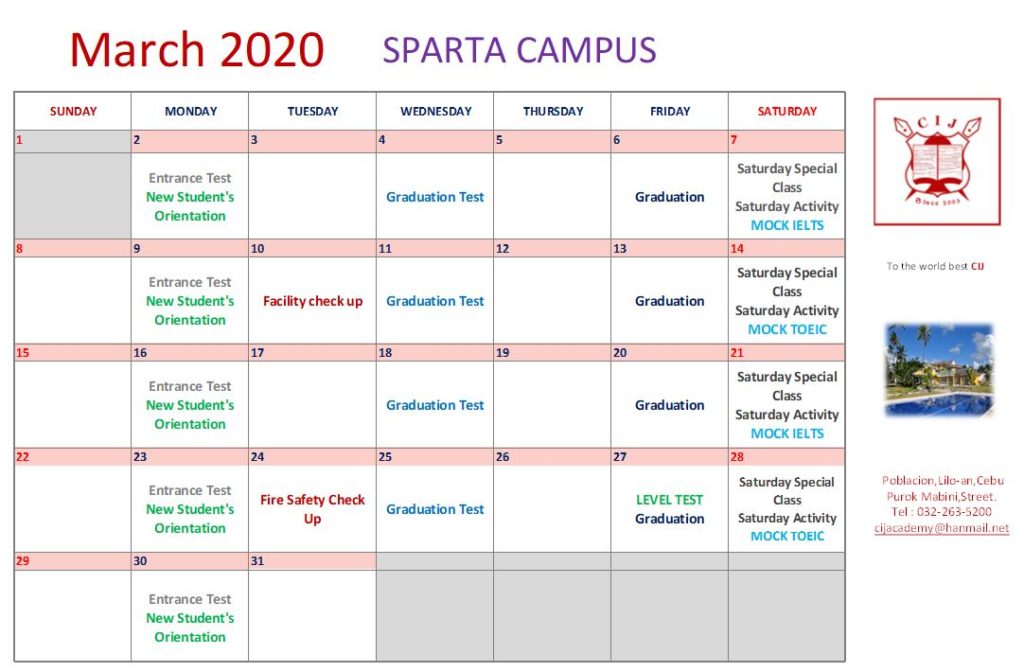 [Announcement] March Calendar Schedule 2020 in Sparta Campus | CIJ
